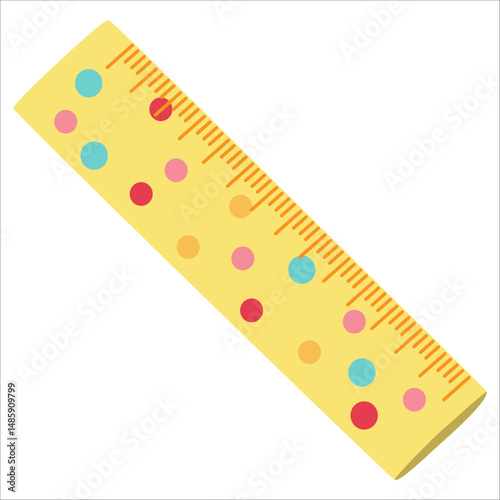 A vibrant yellow ruler is adorned with a playful pattern of red, pink, and blue polka dots, presented on a clean white background. 