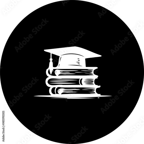 Academic pursuit displayed with mortarboard on books in a circular canvas