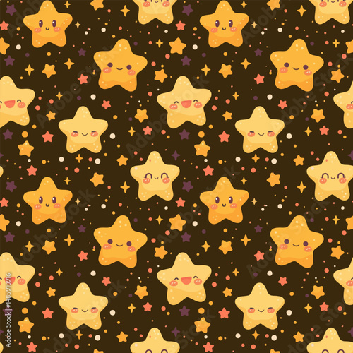 Seamless pattern of cute yellow stars on a dark background. Perfect for kids' products, wrapping paper, or digital designs.