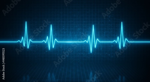 A luminous blue electrocardiogram (ECG) trace displays a steady heartbeat rhythm across a dark blue digital grid, symbolizing health and medical technology.