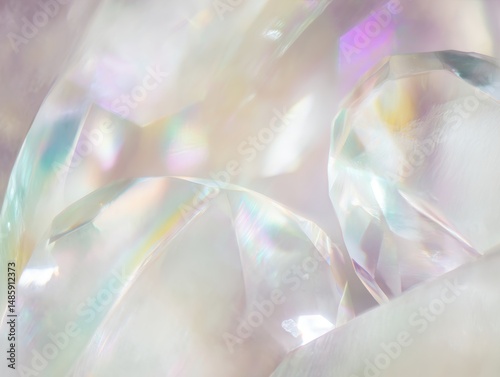 Abstract light reflection and refraction on clear crystal surfaces showcasing the beauty of transparency and colors in a dreamy and artistic composition