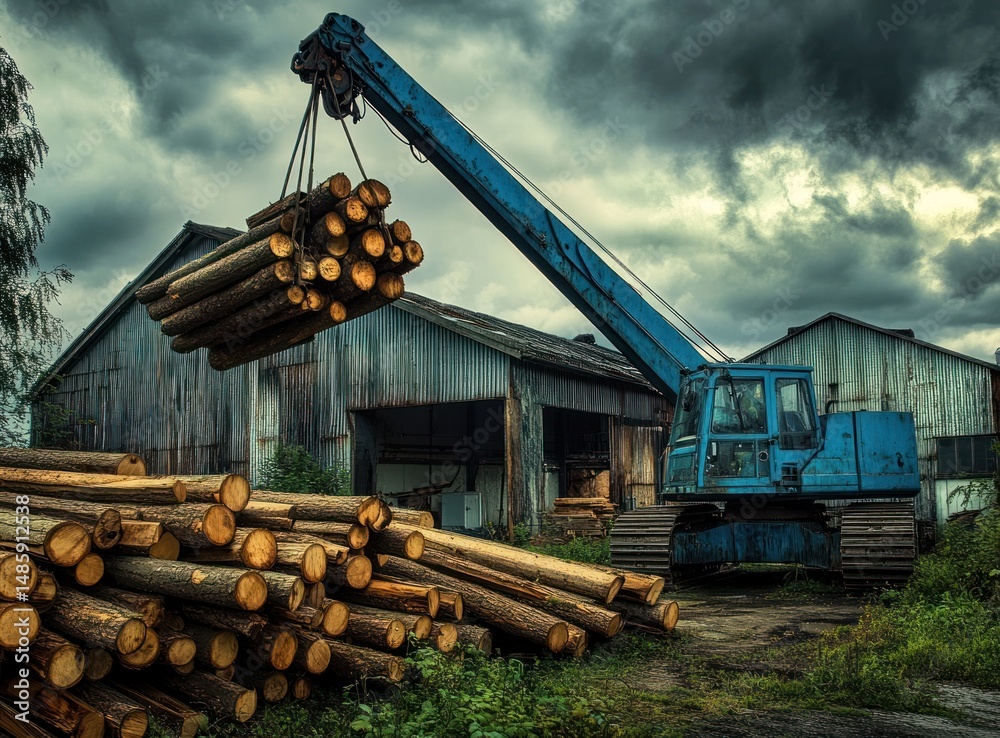 Obraz premium Blue crane lifts logs at lumber mill under stormy sky.