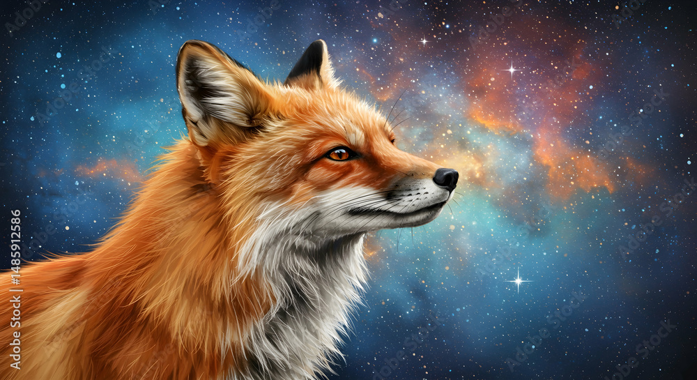 Obraz premium Vulpes vulpes, Wildlife, Animal, Majestic Red Fox Against a Cosmic Nebula Background