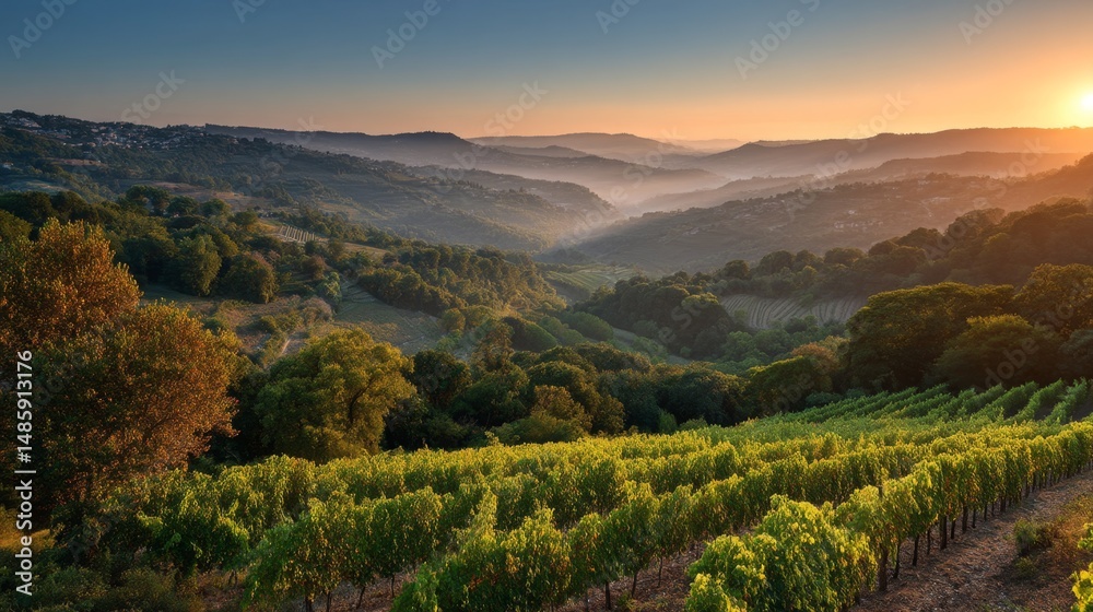 Naklejka premium Breathtaking Sunset Over Lush Green Vineyard Landscape in Rolling Hills With Misty Background and Golden Horizon