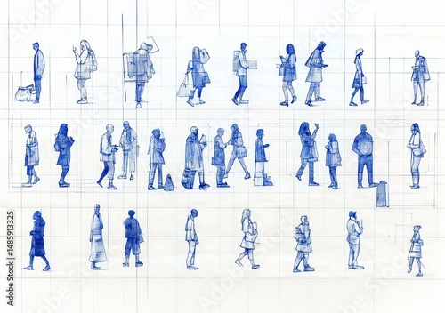 Blue ink sketches of multiple people standing, walking, and interacting on a grid background, showing varied postures and casual movements