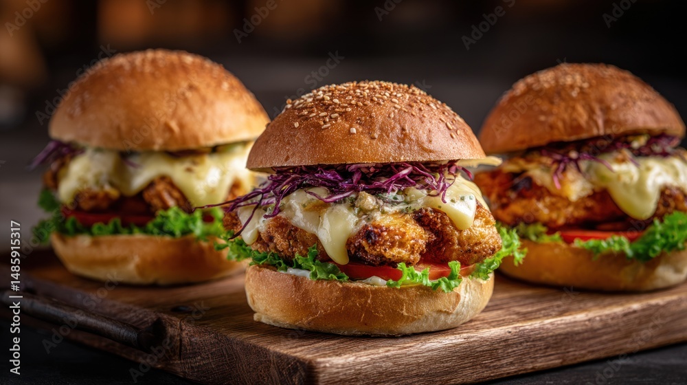 Three chicken sliders with cheese and lettuce on a wooden board. Three chicken sliders with cheese and lettuce on a wooden board.
