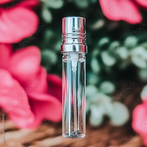 Elegant clear perfume sampler bottle against a floral and foliage backdrop