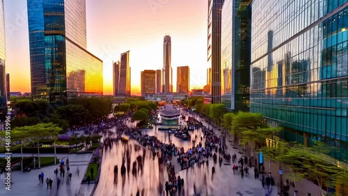 Bustling urban evening: vibrant city life amidst modern skyscrapers at sunset