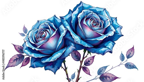 Two vivid blue  hued roses with purple  tinged leaves against a white background. 
