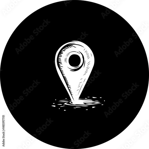 Monochrome location marker with circular field symbolizing navigation purposes