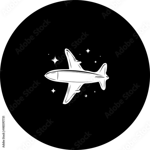 Stylized airplane illustration in a circular frame against a black background