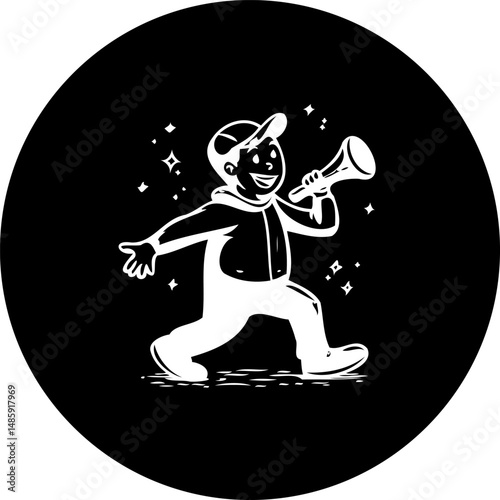 Retro illustration: A boy announces a message with a trumpet on black background