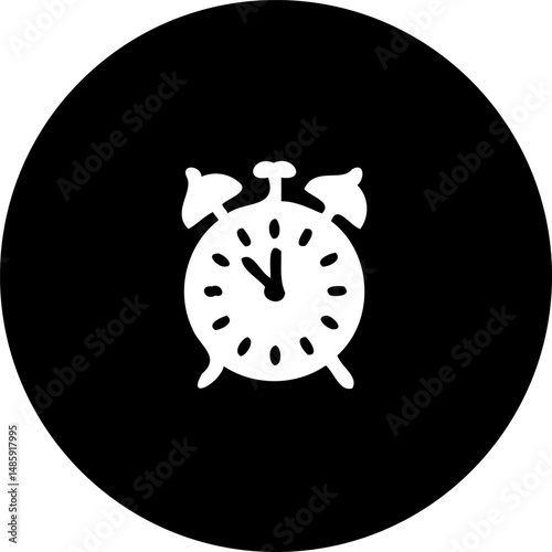 Graphic alarm clock icon on black circle backdrop representing timely alerts
