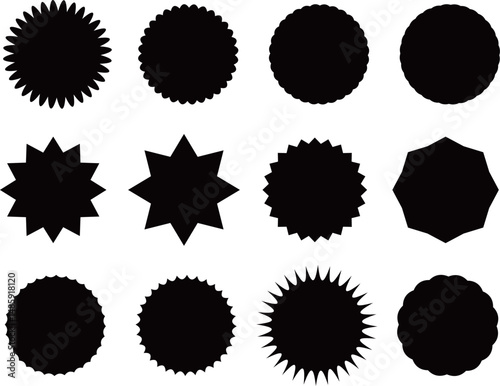 A set of burst tag icons. A collection of starburst stickers. Isolated promotional labels