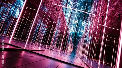 A futuristic abstract art installation with an infinite corridor of glowing red and white light lines, creating a mesmerizing visual tunnel effect