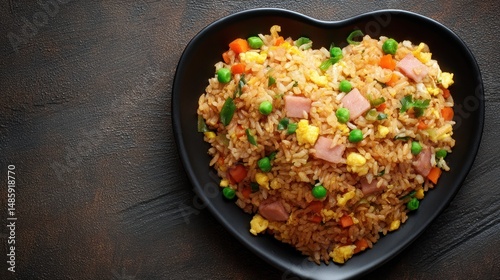Fried rice with vegetables and ham served in a heart shaped bowl.