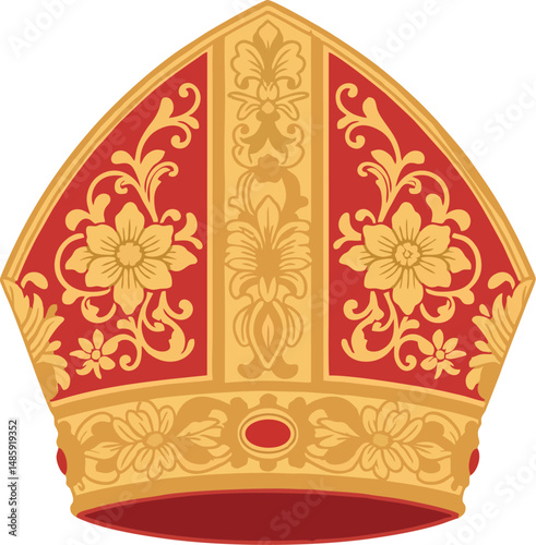 Elegant Vector Illustration of Red and Gold Papal Mitre with Floral Embroidery – Traditional Catholic Bishop Hat Clipart
