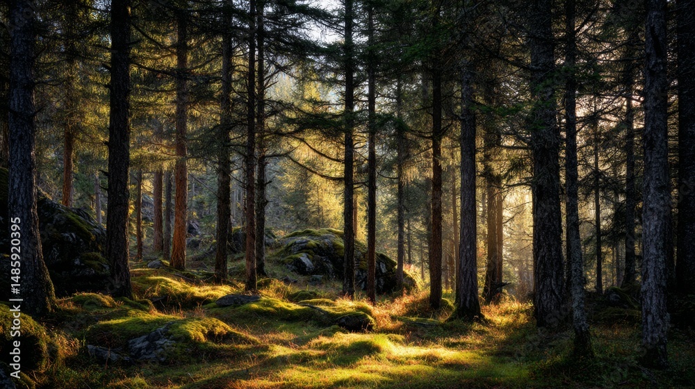 Fototapeta premium Sunlight Filters Through Tall Trees in a Serene Forest Setting Surrounded by Green Moss and Rocky Terrain