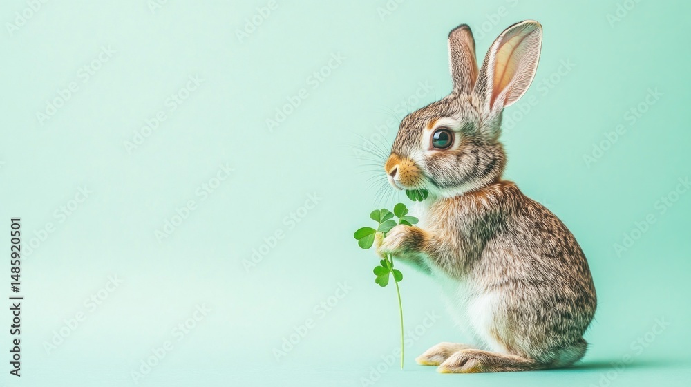 Fototapeta premium Cute bunny eating clover (1)