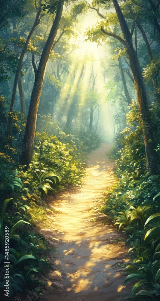 Obraz premium Sunlit path through lush forest (1)