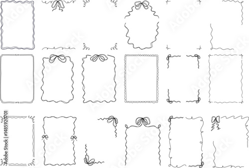 Set of decorative frame with bows, curls, and wavy lines for invitations, packaging, stationery, wedding designs, and elegant vector border illustrations