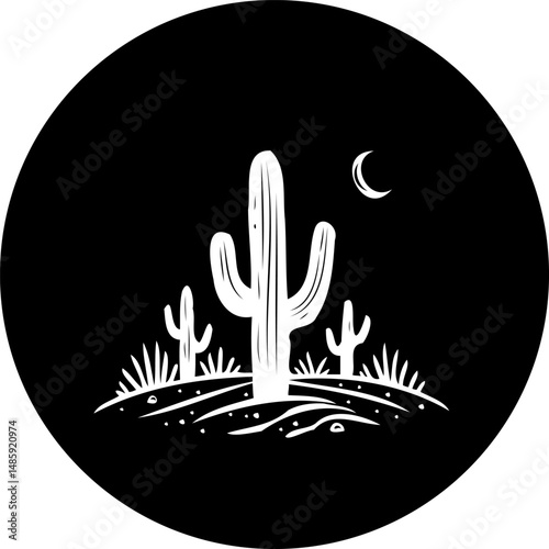 Monochromatic desert landscape under the moonlight in a circular frame