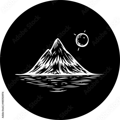 Serene mountain peak reflected in calm waters monochrome illustration