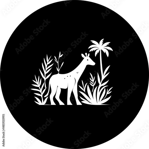 Elegant silhouette of a giraffe amidst lush foliage, captured in minimalist style