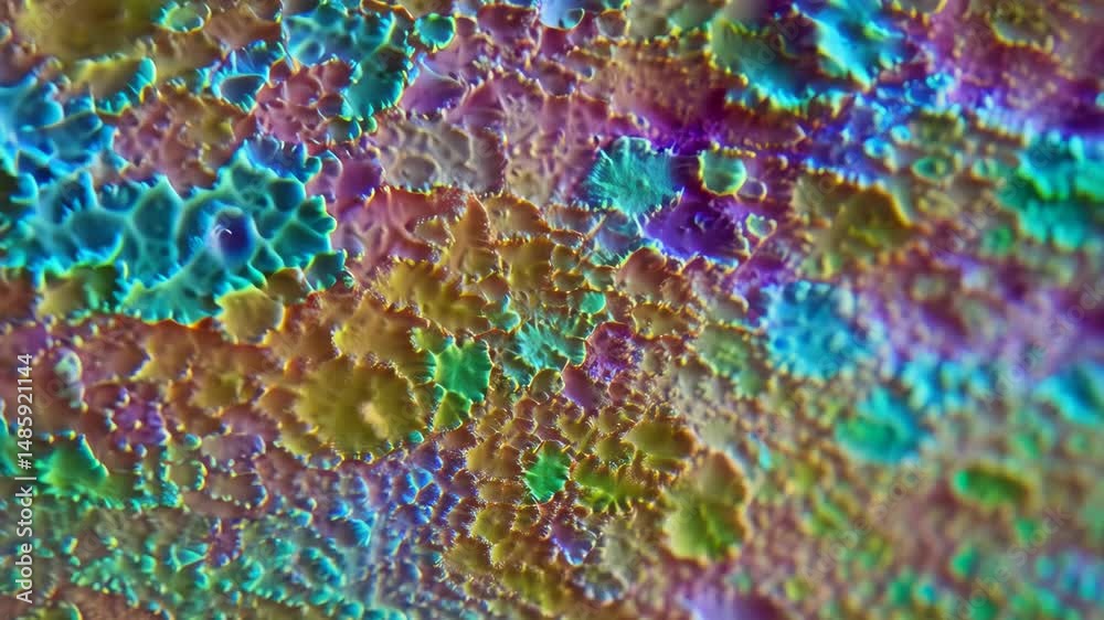 Close up detailed textured surface of alien planet landscape with many irregular crater shapes and vibrant color gradients and uneven terrain