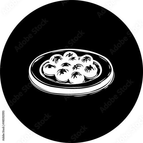 Stylized monochrome depiction of a plate filled with spherical delights