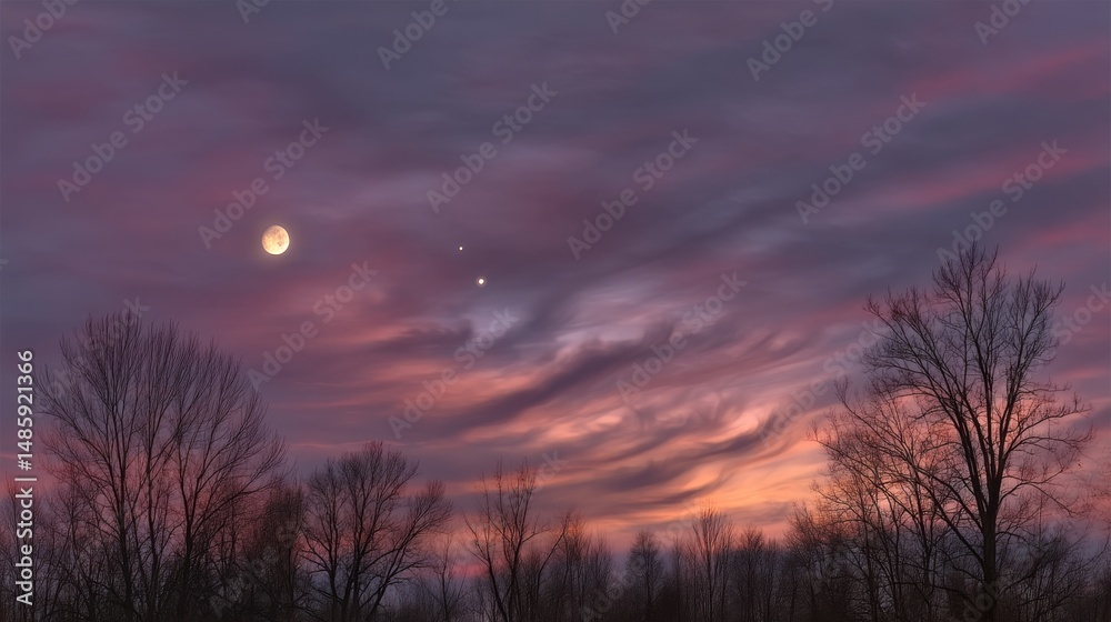 Obraz premium Serene Twilight Skies with Celestial Bodies: Moon and Planets Aligned Over Silhouetted Trees at Dusk