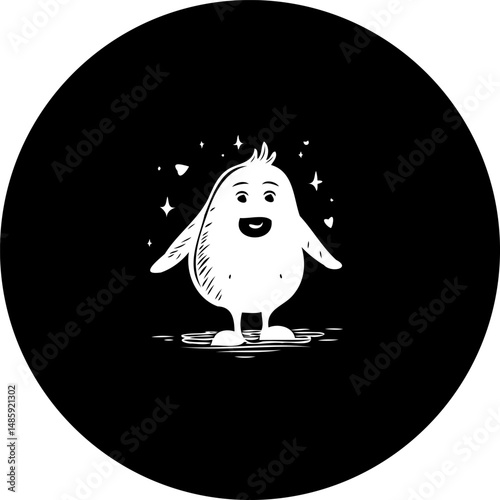 Whimsical Cartoon Character on Black Backdrop Radiating Happiness and Joy