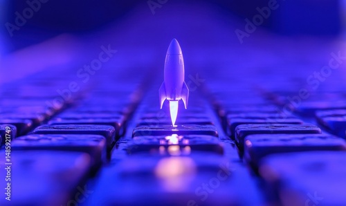 Rocket launching from keyboard, digital innovation, future tech