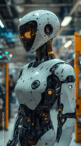 Futuristic robot woman in a factory setting