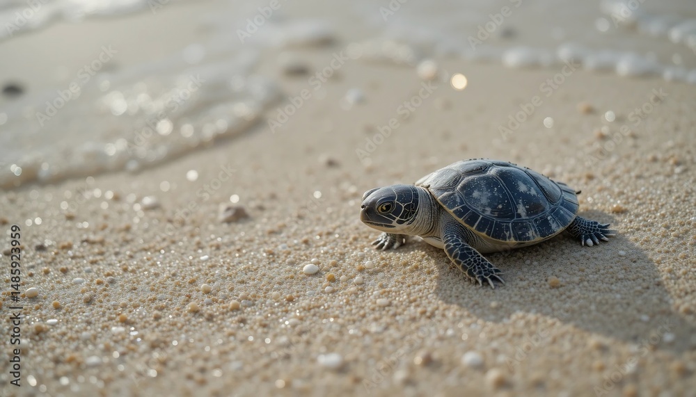 Obraz premium Baby Sea Turtle Crawling on Sandy Beach Towards Ocean Waves