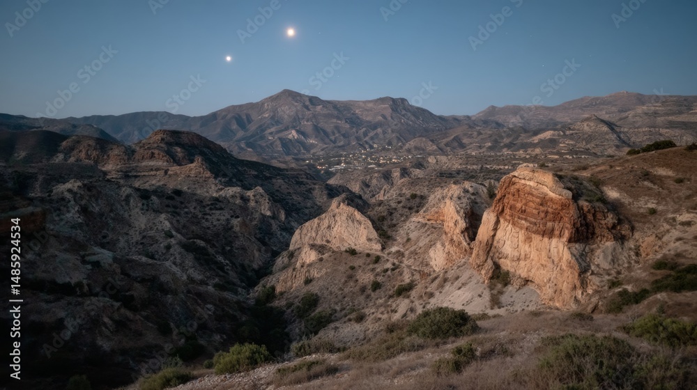 Obraz premium Serene Landscape at Dusk Featuring Mountains, Rock Formations, and Celestial Bodies in Clear Sky