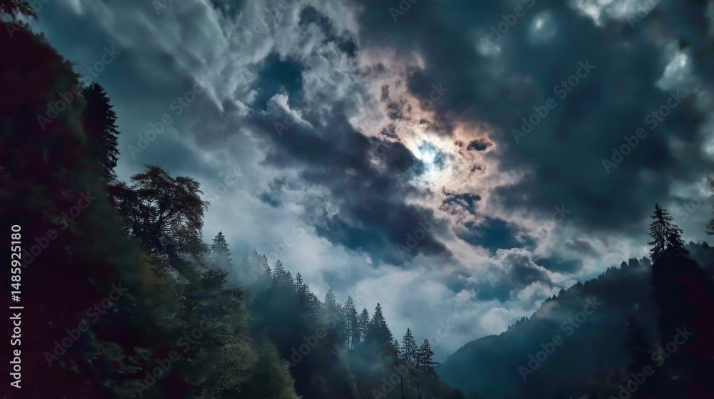 Fototapeta premium Dramatic Cloud Formation Over Mountain Landscape with Dark Shadows and Light Breaking Through Dense Fog