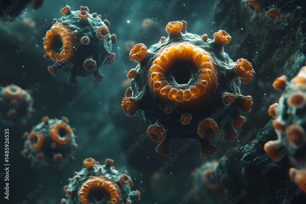 Obraz premium Microscopic View of Viral Particles in Deep Ocean Environment for Scientific Illustration