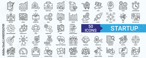Startup icon collection set with agenda, bar chart, agile, analysis, agreement	
