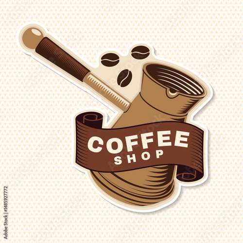 Coffee shop. Hot and aromatic. Vector illustration. Concept for cafe and restaurant logo, brand, label. Logo with copper pot with a handle for making coffee on the stove. Turkish pot of coffee