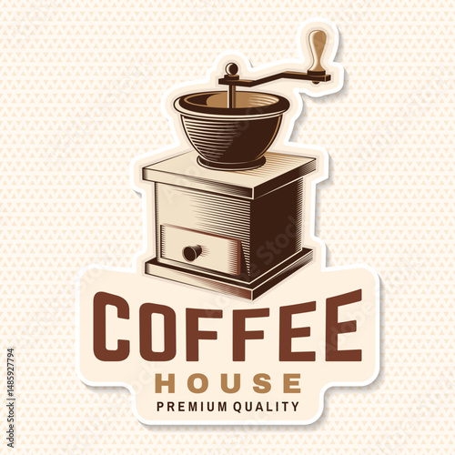 Coffee house. Vector illustration. Concept for cafe and restaurant logo, brand, label. Logo with retro coffee mill grinder.