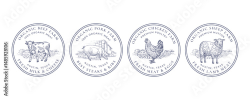 Farm Meat and Poultry Frame Retro Badges or Logo Templates Set. Hand Drawn Domestic Animals and Rural Landscape Sketches with Retro Typography. Vintage Sketch Emblems Collection Isolated