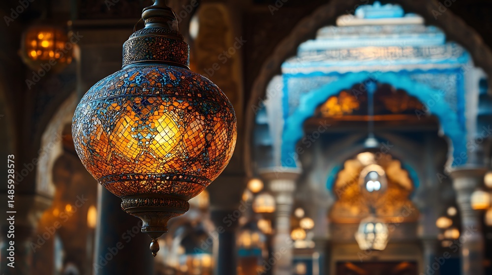 Fototapeta premium Intricate mosaic lantern illuminating an arabian architectural palace hall