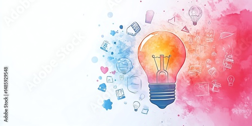 Light bulb watercolor clipart surrounded by dynamic colorful creativity icons, innovation and idea symbols, isolated background, vibrant and delicate paint textures