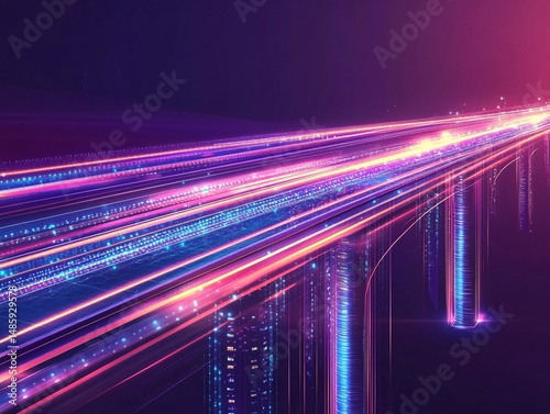 Vibrant cyber bridge connection digital cityscape graphic illustration futuristic environment elevated viewpoint connectivity concept