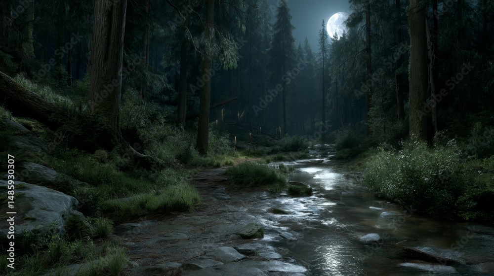 Obraz premium Tranquil Nightscape with Moonlight Reflecting on Calm Stream in Dense Forest Under Starlit Sky