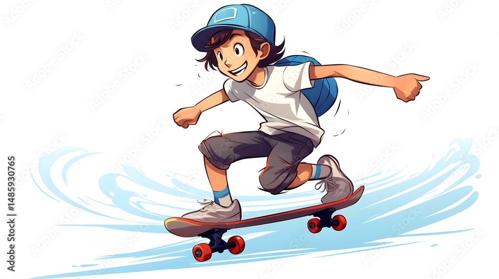 Obraz premium Professional Cartoon Vector Illustration of a Young Schoolboy Skating on a Skateboard