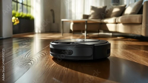 Modern black robot vacuum cleaner efficiently cleaning wooden flooring in home interior
