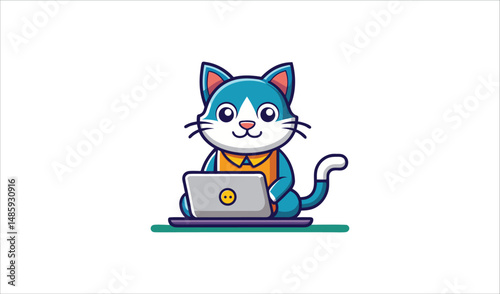 A cute cartoon cat, a funny feline vector illustration, smiles with a laptop