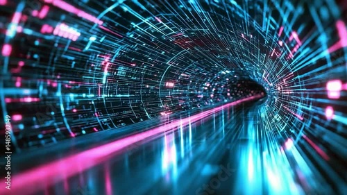 Futuristic Neon Tunnel with Dynamic Light Trails and Abstract Digital Patterns